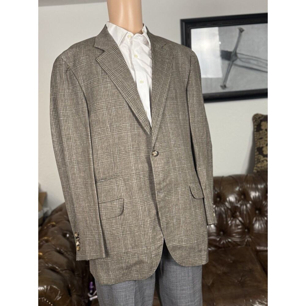 Brunello Cucinelli Prince Of Wales Taupe Sportcoat IT 54/ 44 US Wool Linen Silk - Picture 3 of 10